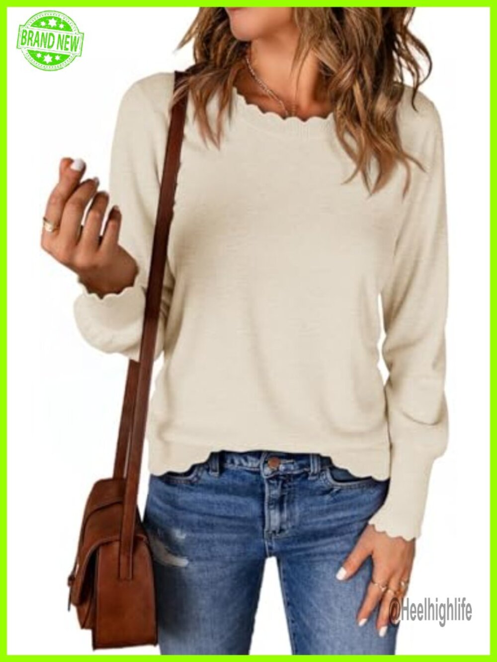 Women's Crewneck Long Sleeve Sweater Lightweight Pullover Scallop Trim